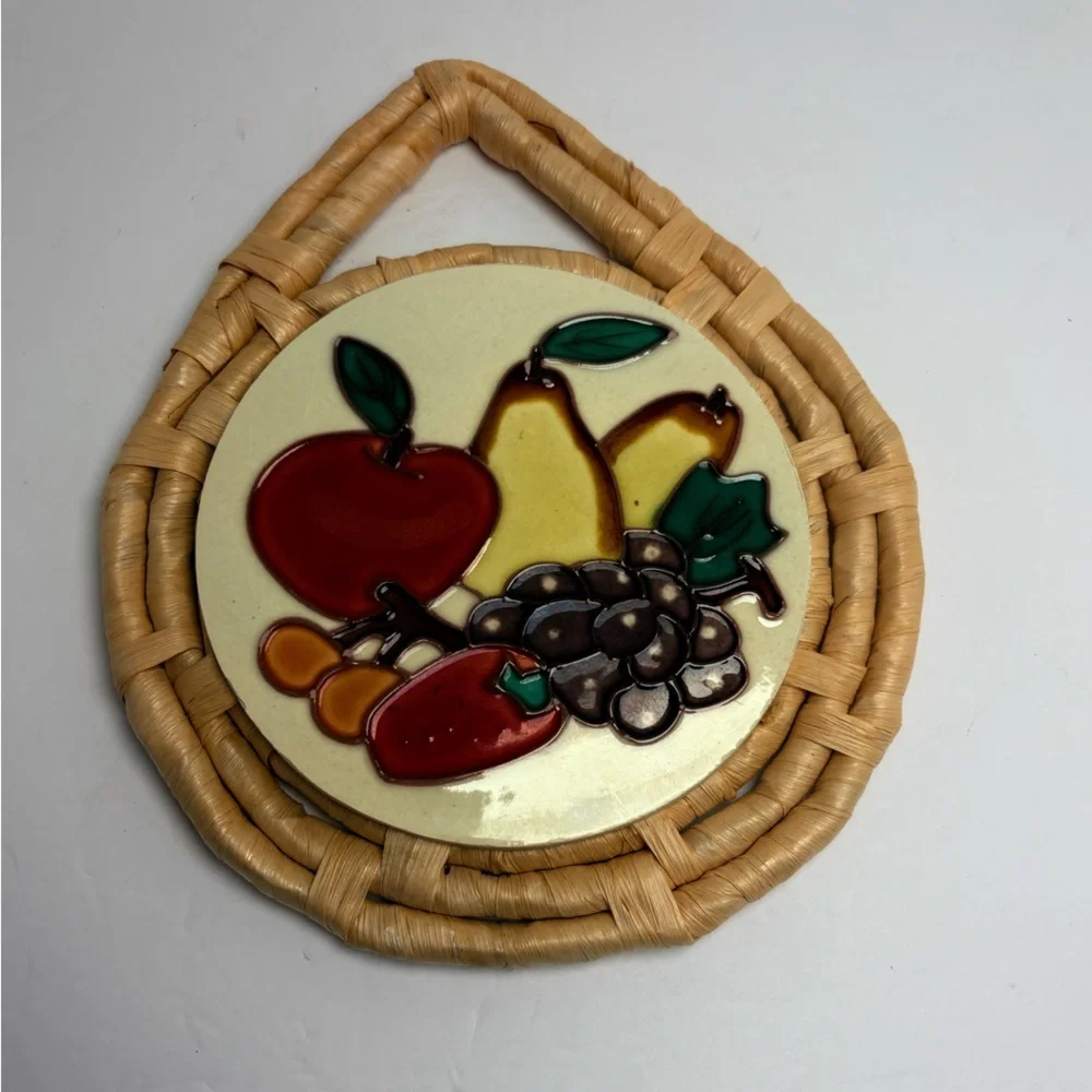 Vintage Fruit Themed Ceramic Tile Trivet Wall Decor on Rattan